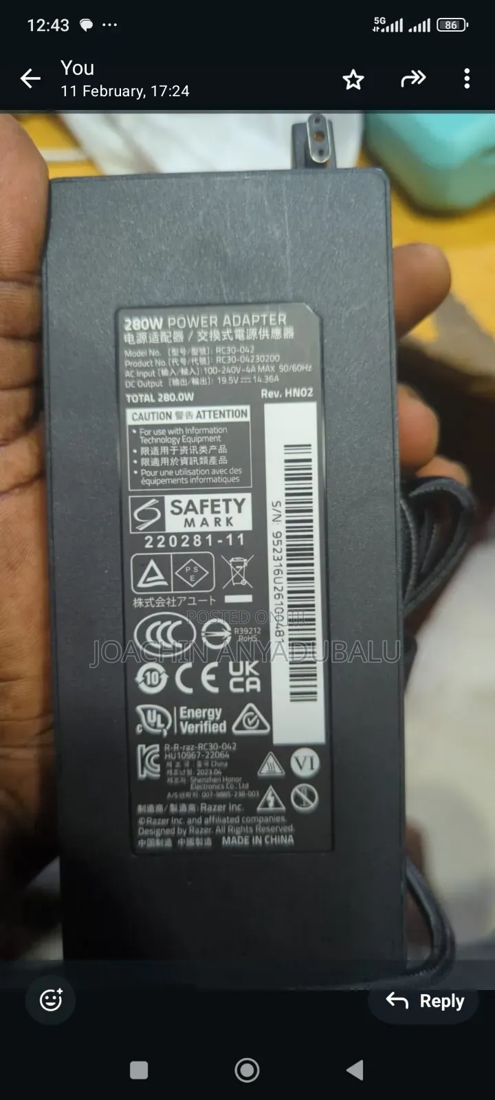 Razor Blade Charger 280w 19.5v - 14.36a Follow Come Charger