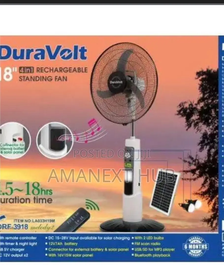 4in1 18inches Duravolt Rechargeable Fan With Solar Panel