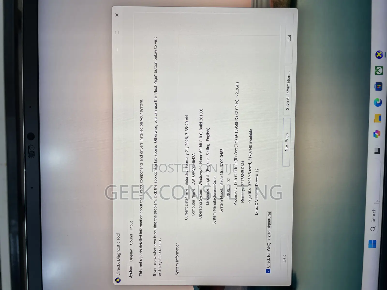 Laptop Razer Blade 32GB Intel Core i9 SSD 1T