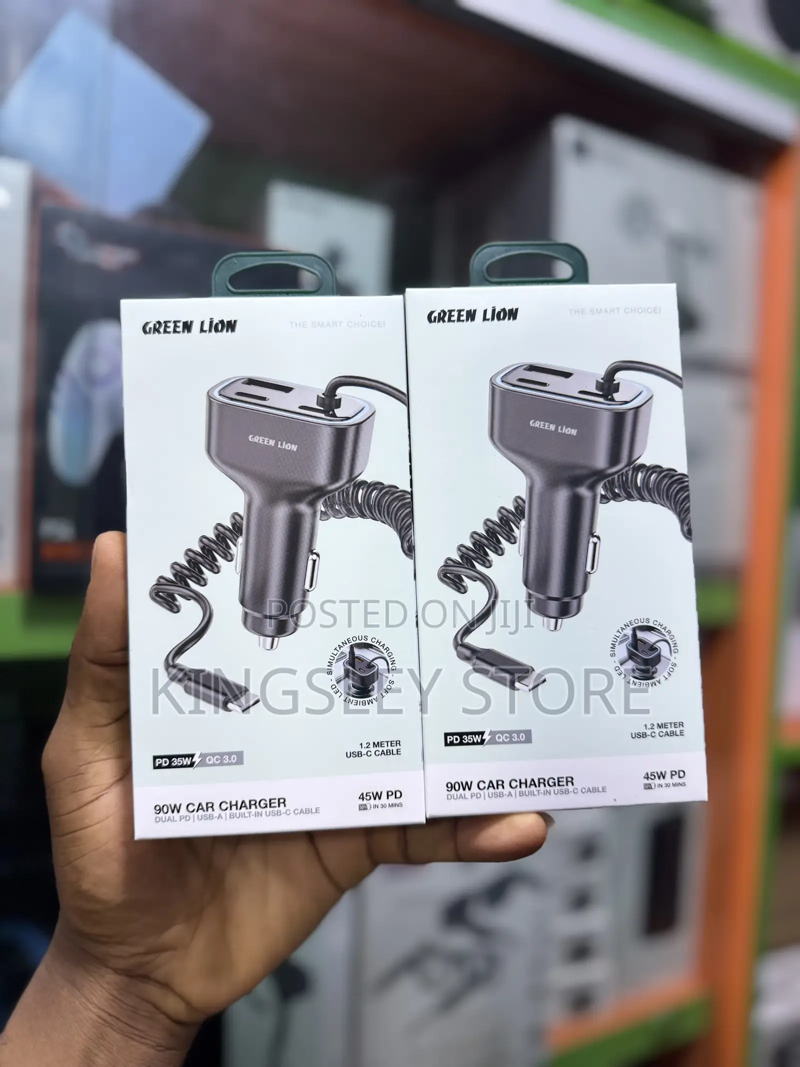 Green Lion 90w Car Charger With Dual Pd & Built-in Usb-c Cable & Usb-a
