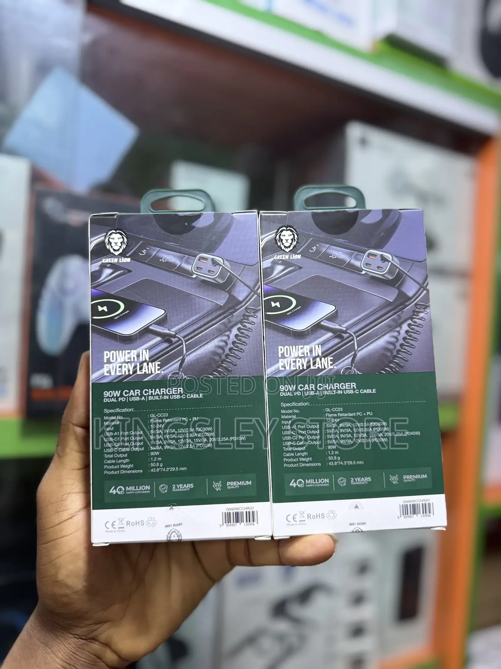 Green Lion 90w Car Charger With Dual Pd & Built-in Usb-c Cable & Usb-a