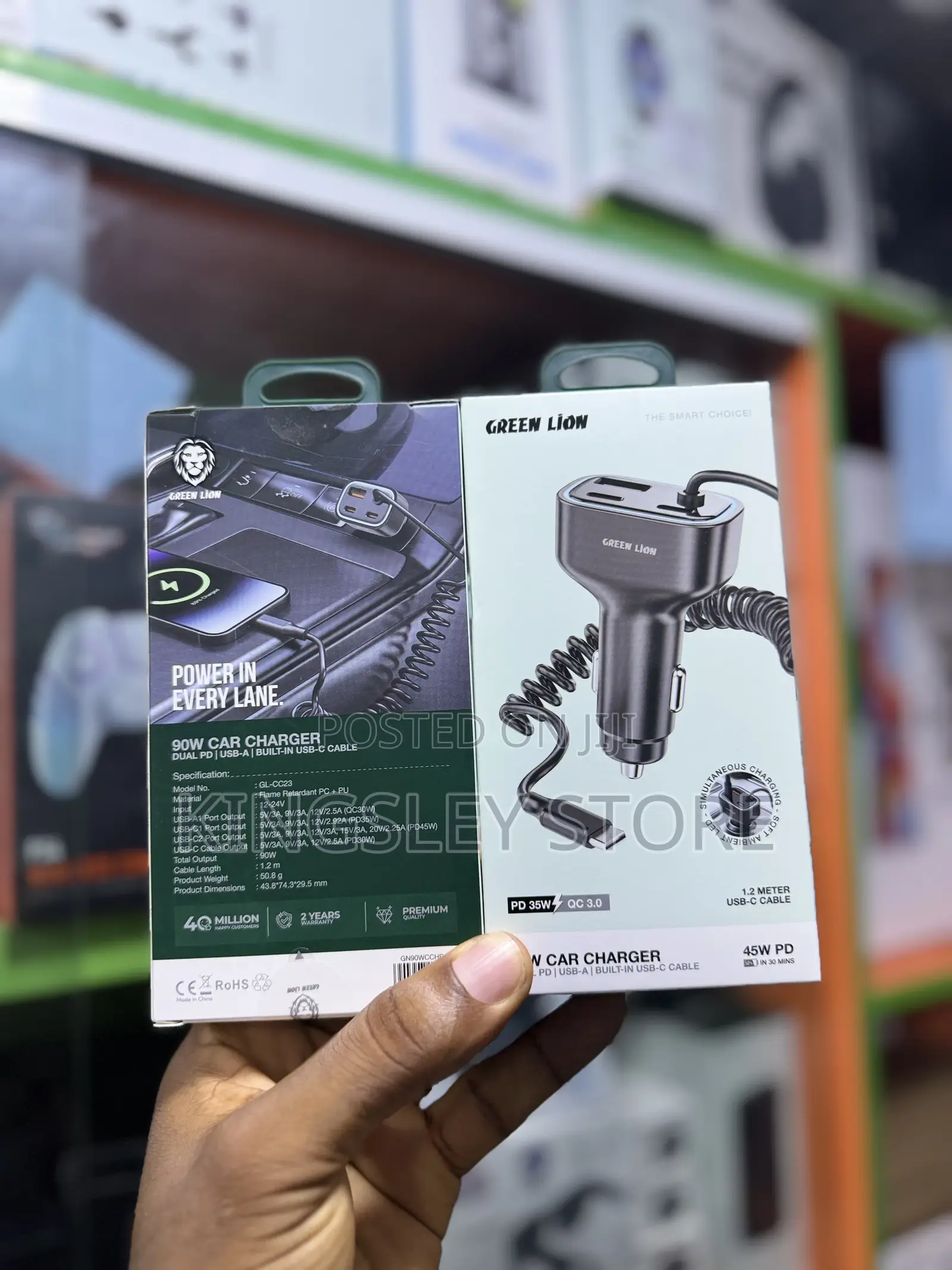 Green Lion 90w Car Charger With Dual Pd & Built-in Usb-c Cable & Usb-a