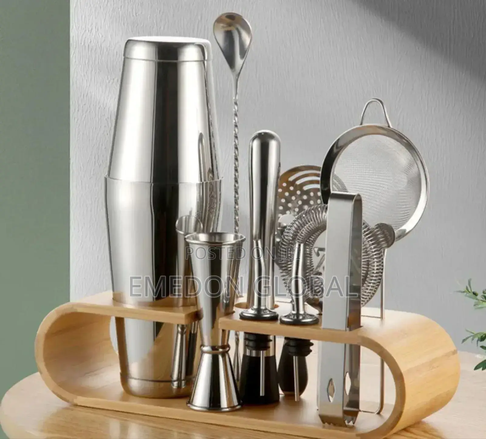 Stainless Steel Boston Shaker Bar Accessories Kit With Wooden Base