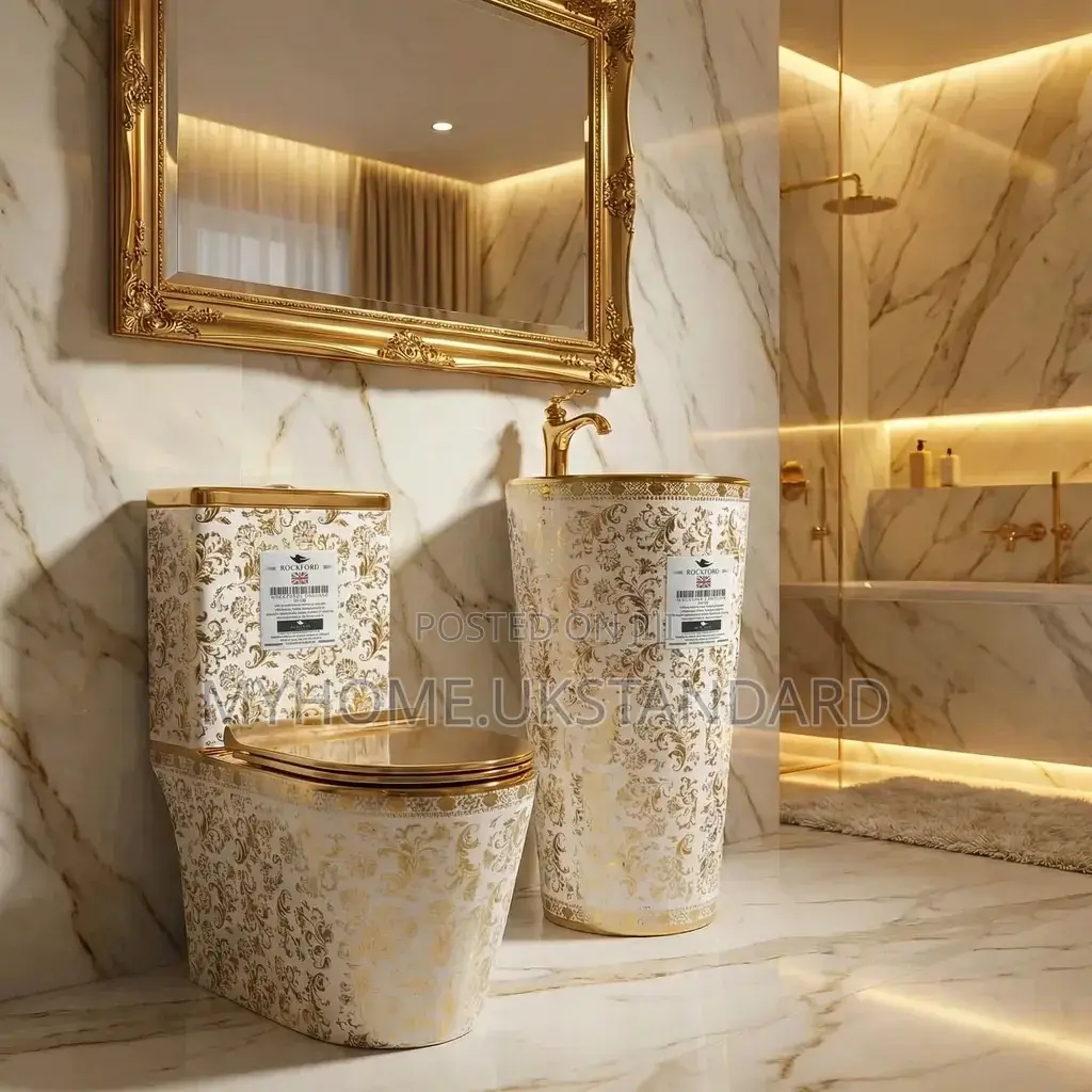 Original Gold And White England Water Closets Set With Standing Basin