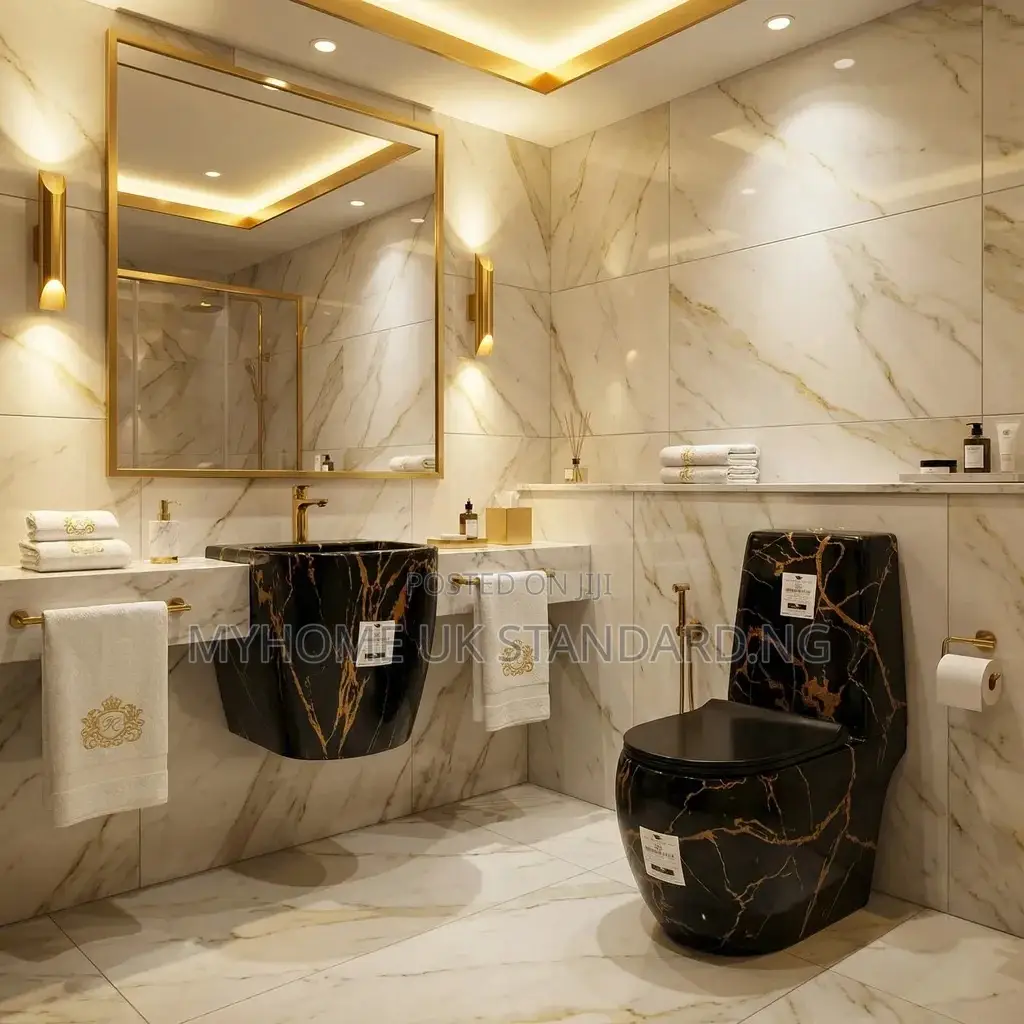 Executive England Black And Gold Design Water Closets Set With Basin
