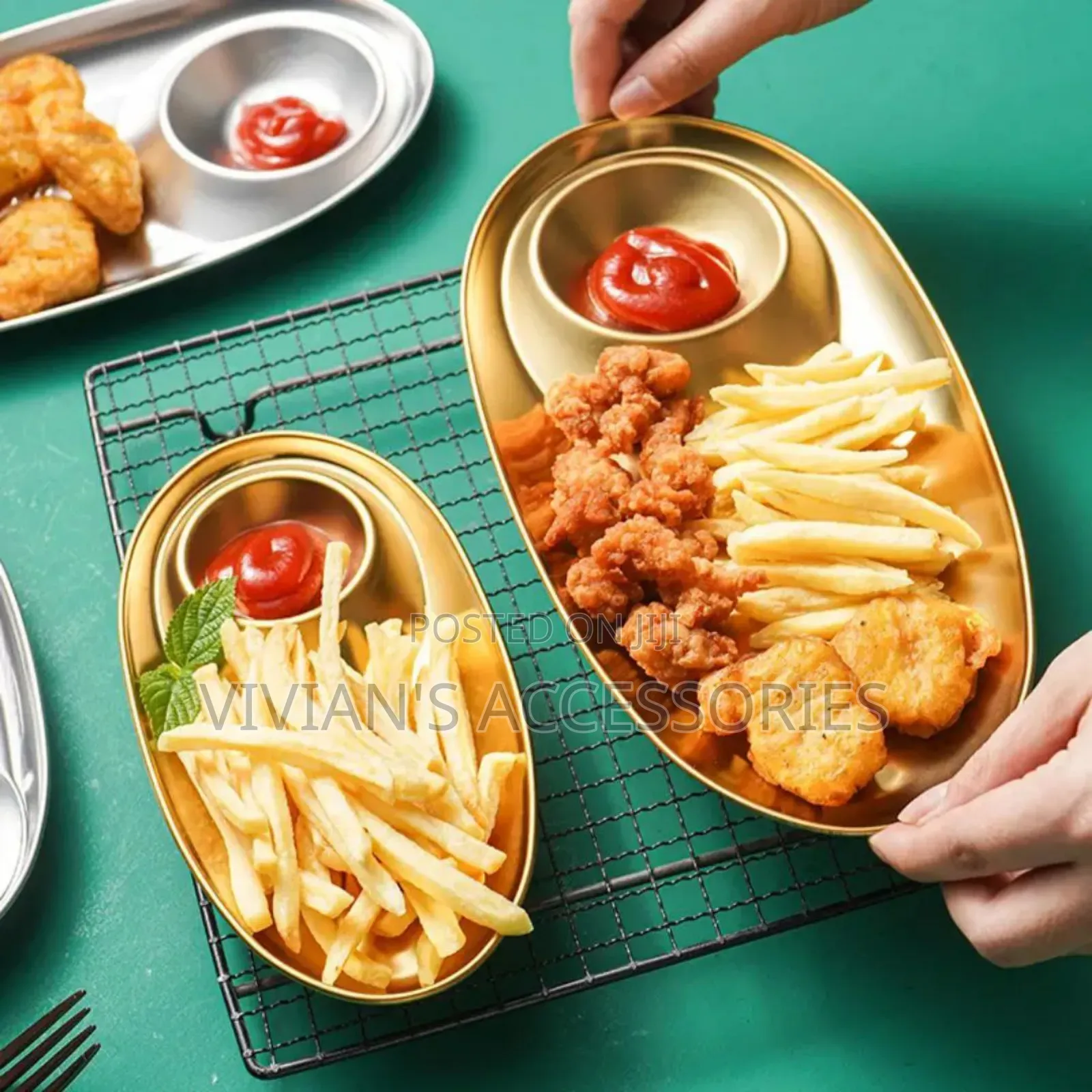 Stainless Steel Gold Oval Salad Dish,Fries Serving Plate 