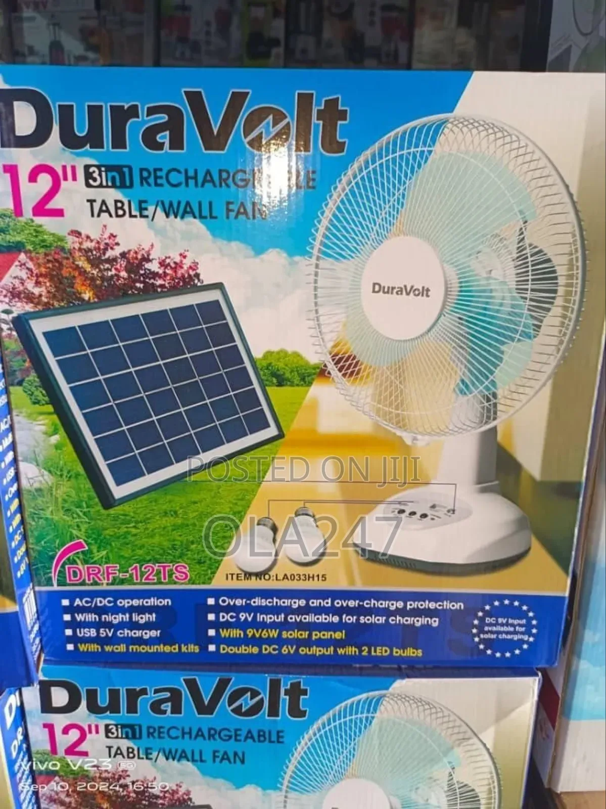 Duravolt 12" 3-in-1 Rechargeable Table/Wall Fan (Model: DRF-12ts)