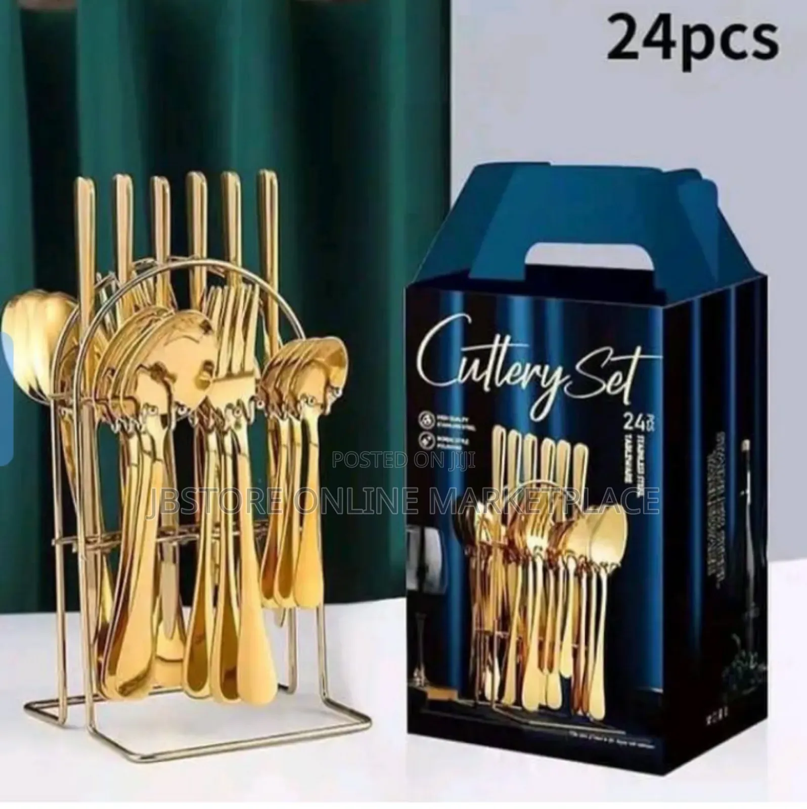 Gold Stainless Steel Spoon With Fork and Rack