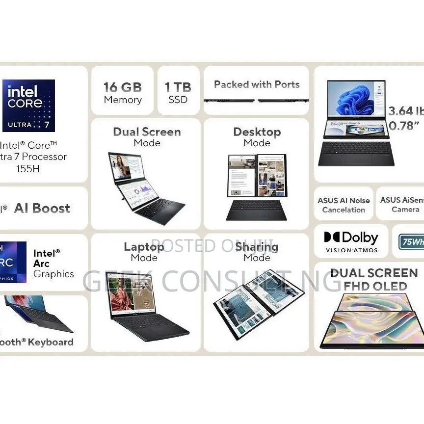 New Laptop Asus Zenbook Duo 14 32GB Intel Core Ultra 9 SSD 2T