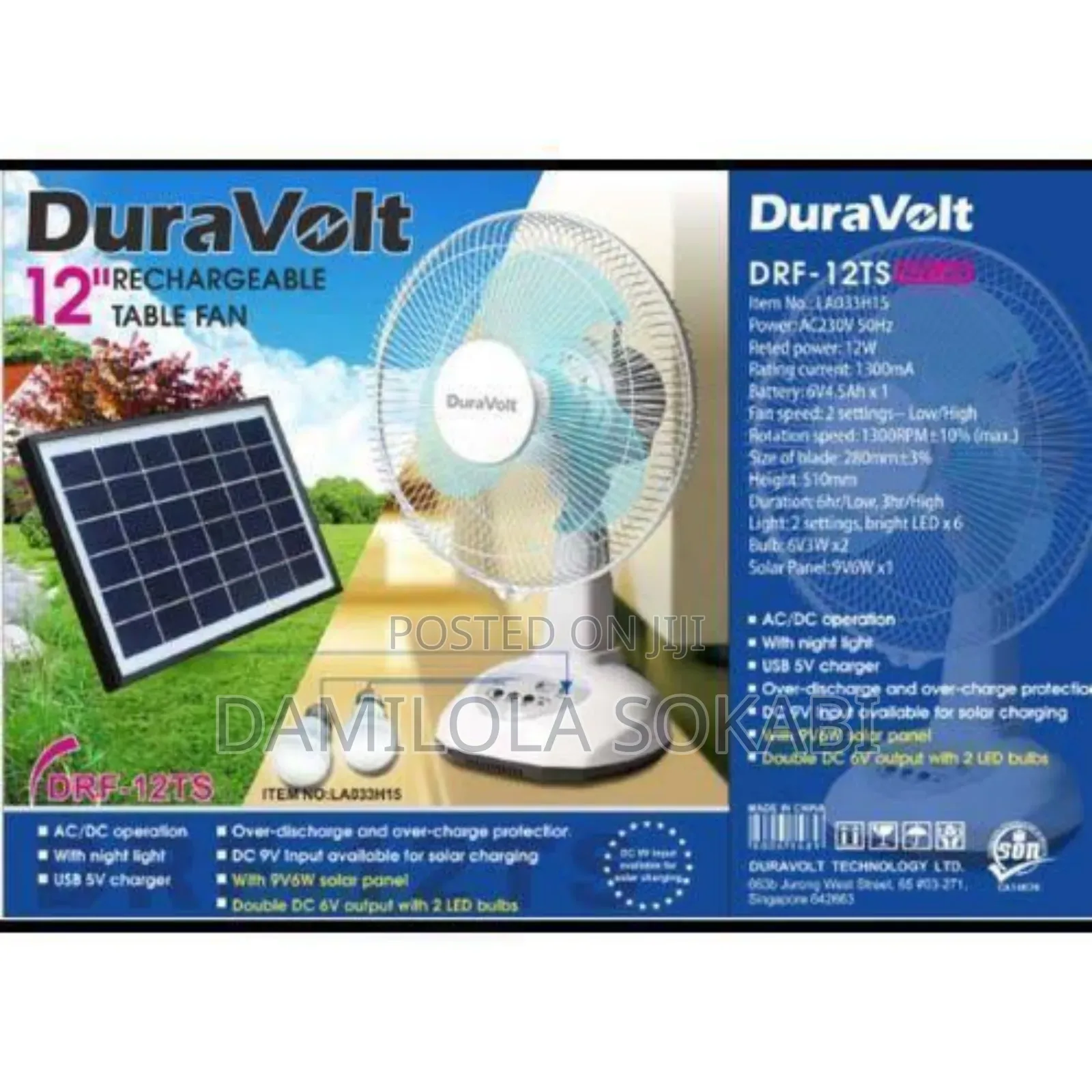 Duravolt 12 Inches 3 in 1 Rechargeable Fan With Solar and Led Bulb