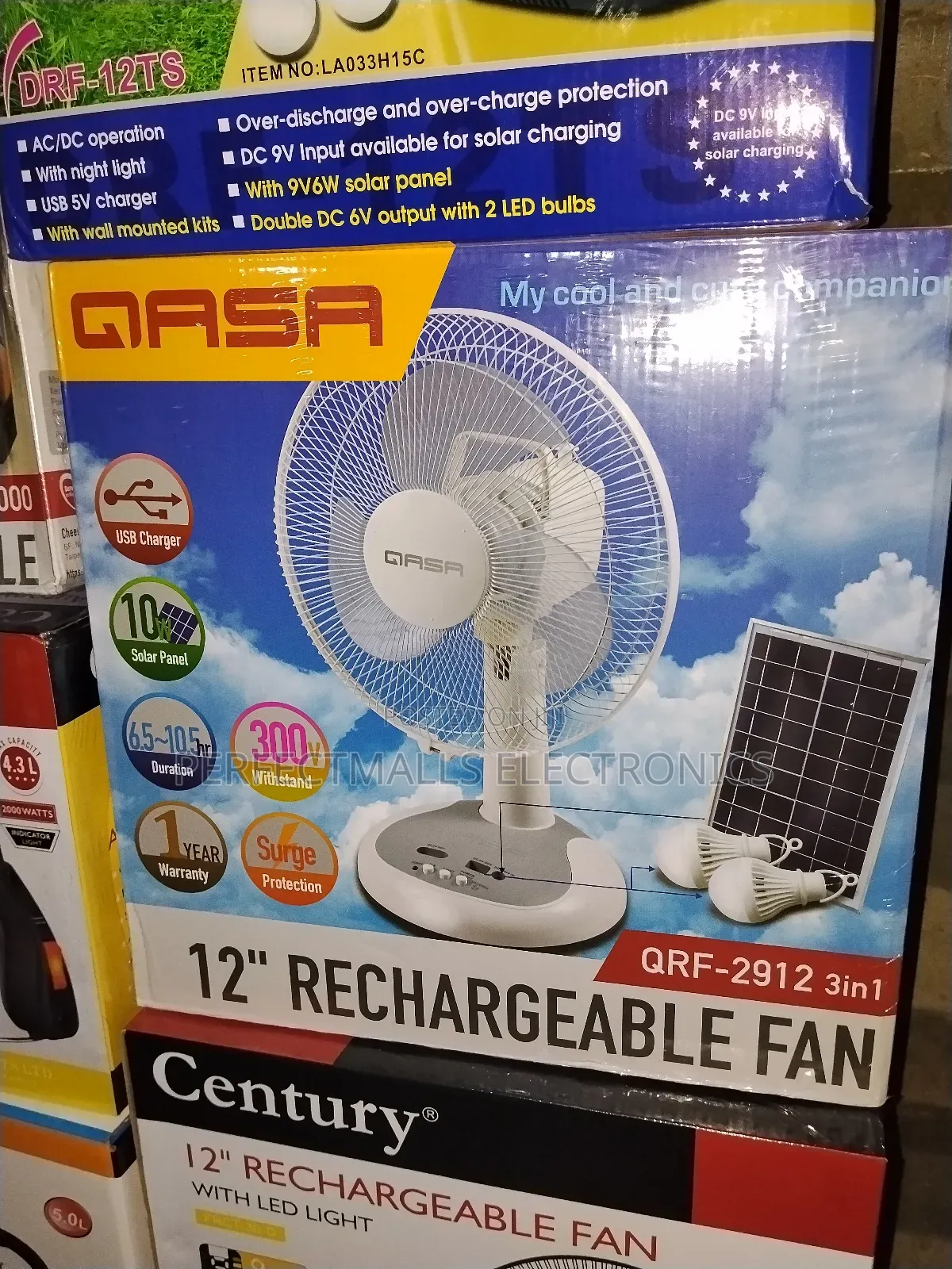 Qasa 3 in 1 Rechargeable 12 Inch Table Fan With Panel Bulb