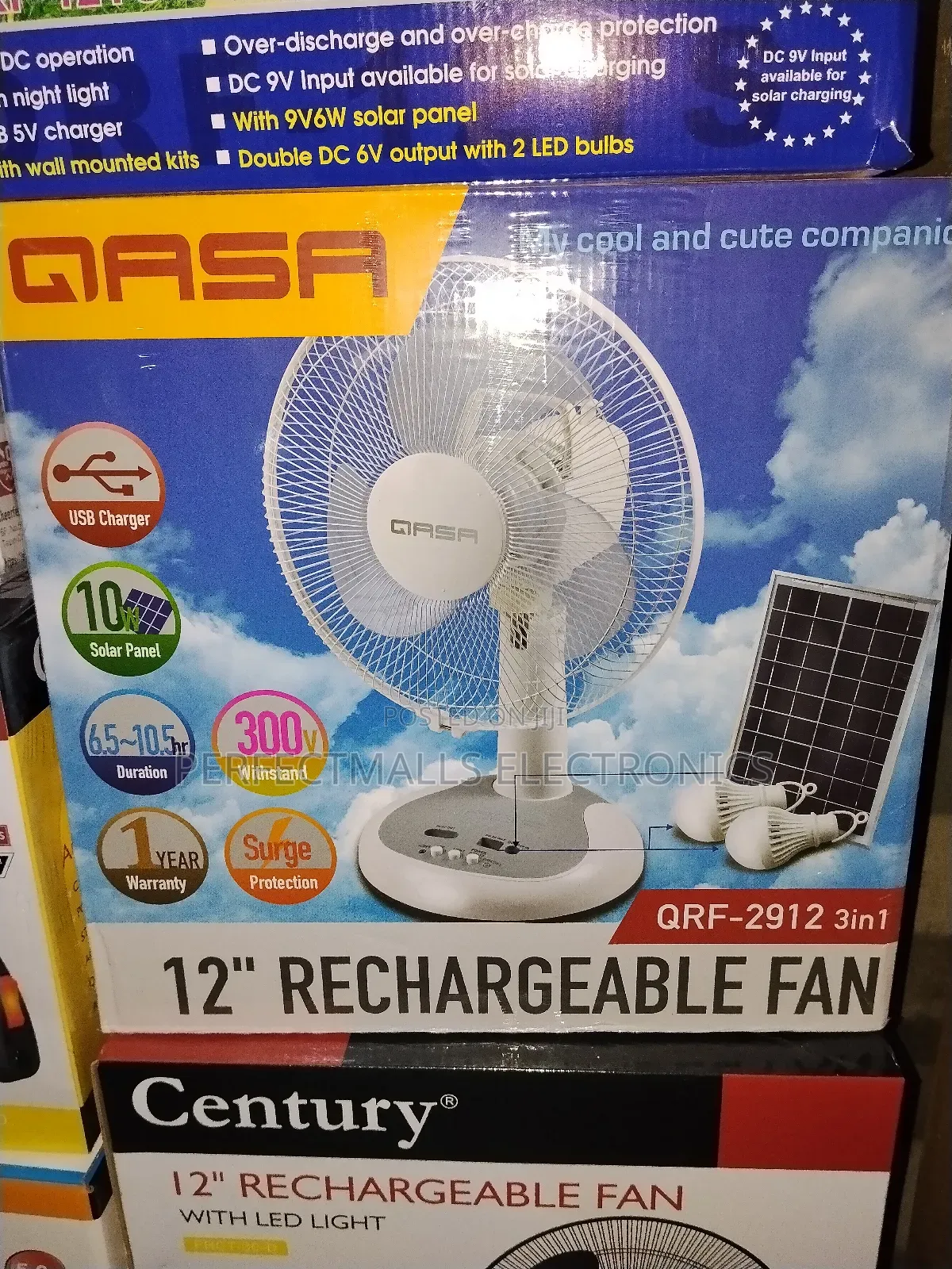 Qasa 3 in 1 Rechargeable 12 Inch Table Fan With Panel Bulb