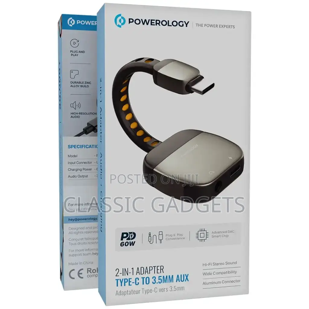 Powerology 2-in-1 60w Type-C to 3.5mm Aux Type-C Adapter
