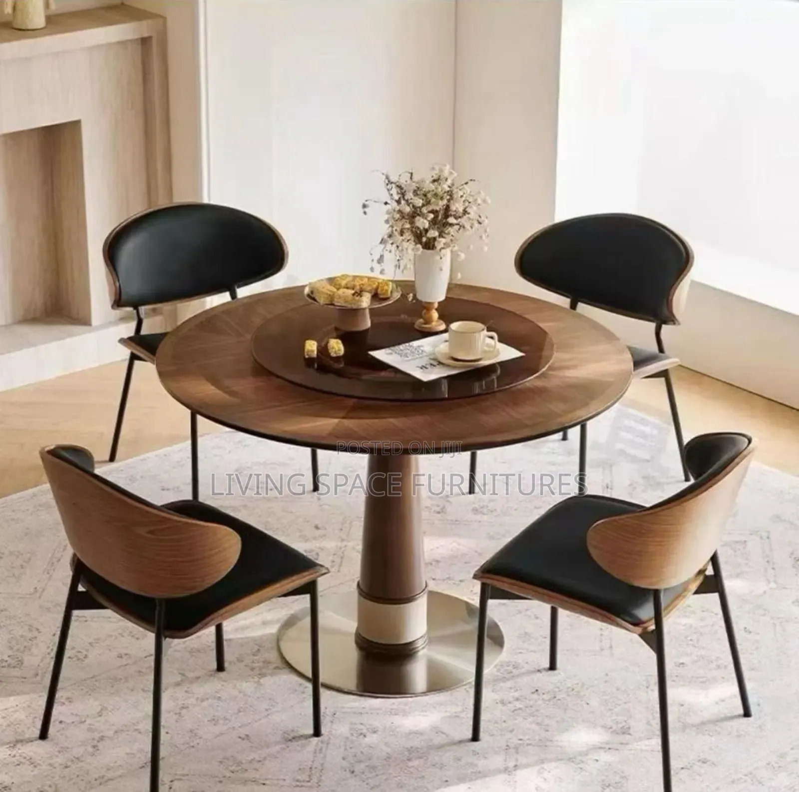 Pure Wooden Dining Table With Four Leather Chairs