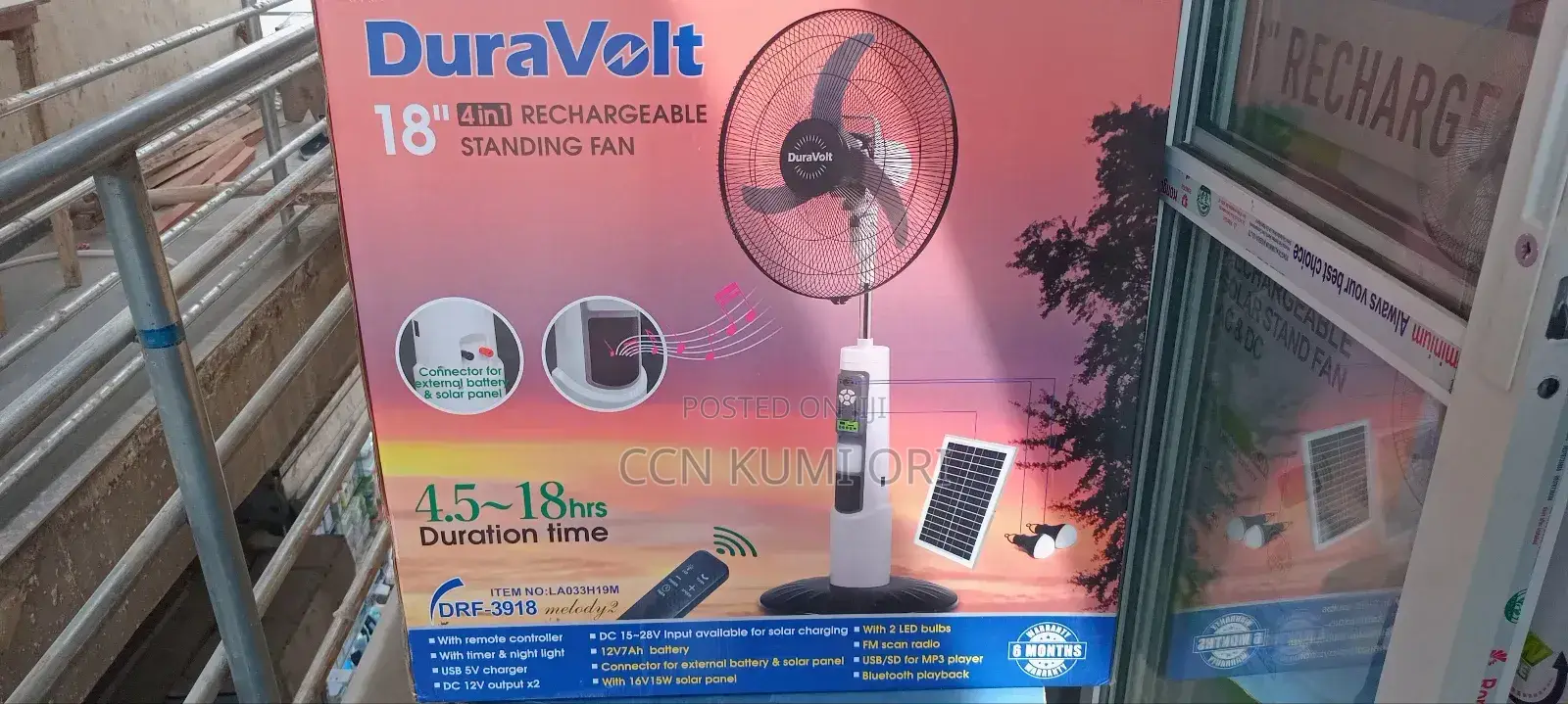 Duravolt 18-Inch Rechargeable Standing Fan. Mp3 Player and 2 Led Bolbs