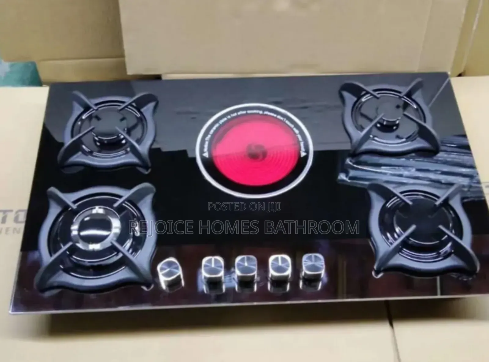 5 Burner Black Gas Cooker Hob With Electric Hot Plate Auto Ignition