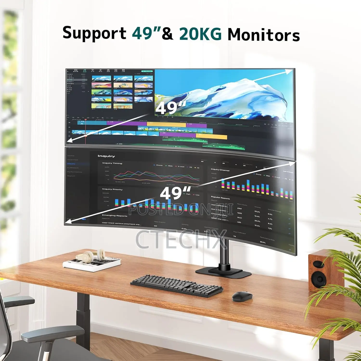 Heavy Duty Dual Monitor Arm Mount for 17′′–49′′ Flat Curved Screens