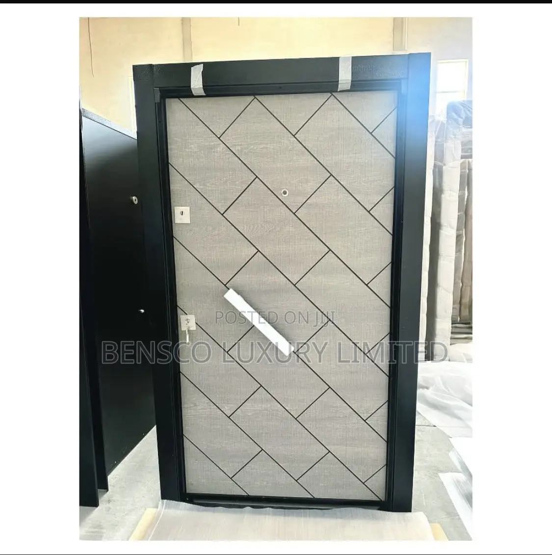 Luxury Modern Armored Security Door – Grey Black Diagonal Design