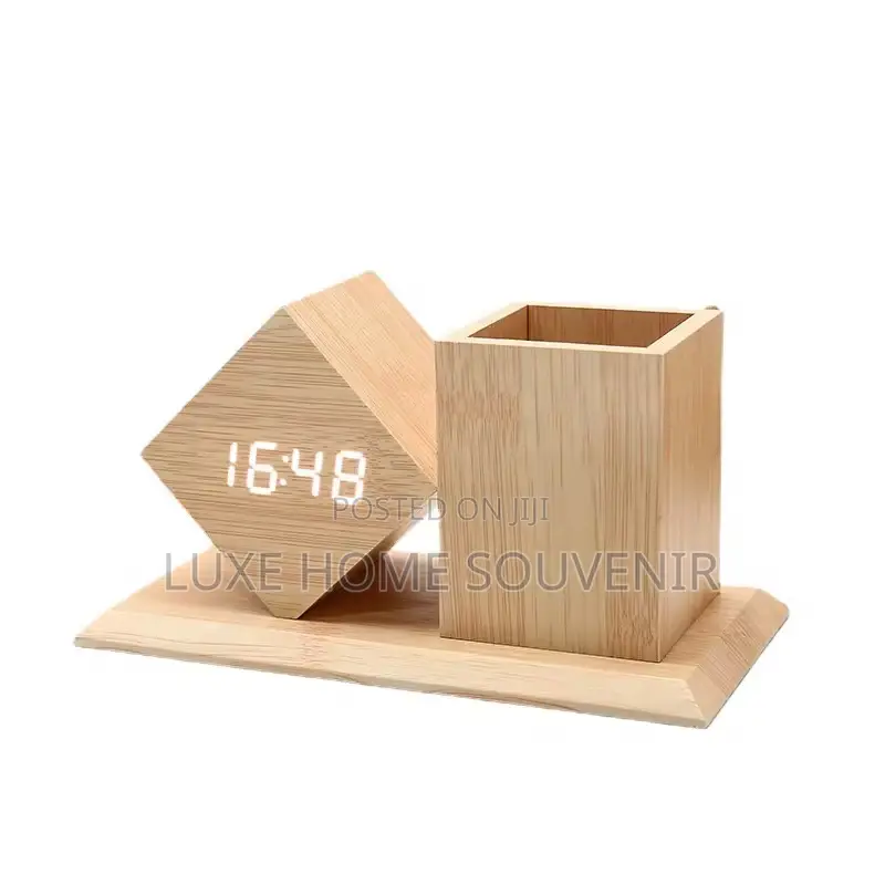 Digital Alarm Clock With Bamboo Pen Holder