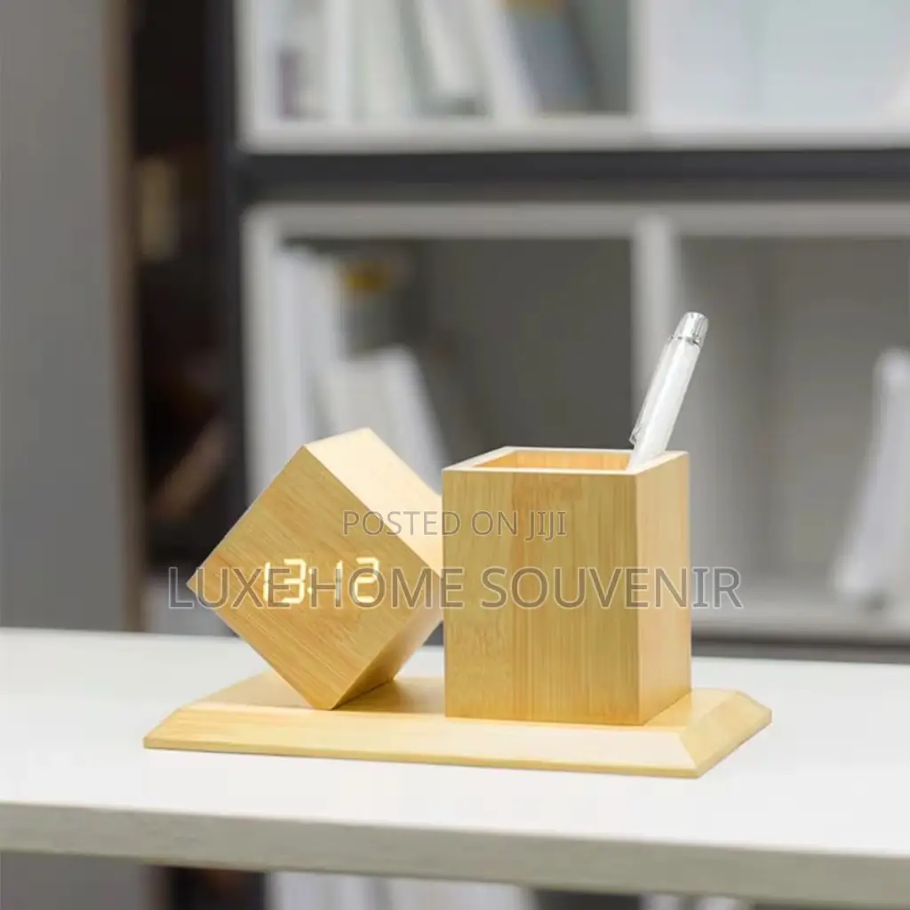 Digital Alarm Clock With Bamboo Pen Holder