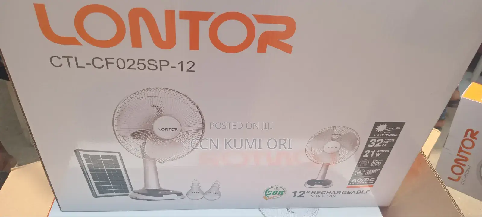 Lontor 12-Inch Rechargeable Table Fan .With Solar Bolbs.