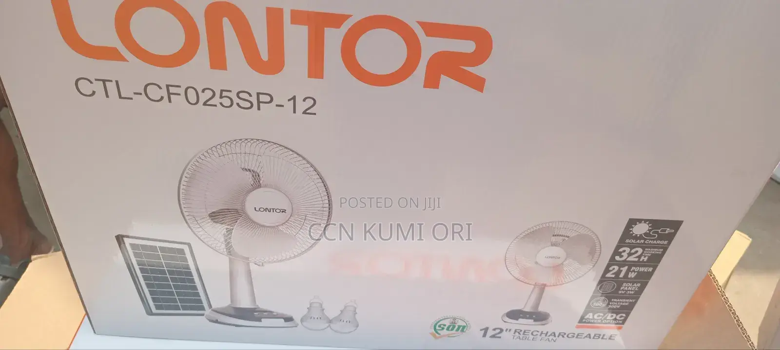 Lontor 12-Inch Rechargeable Table Fan .With Solar Bolbs.