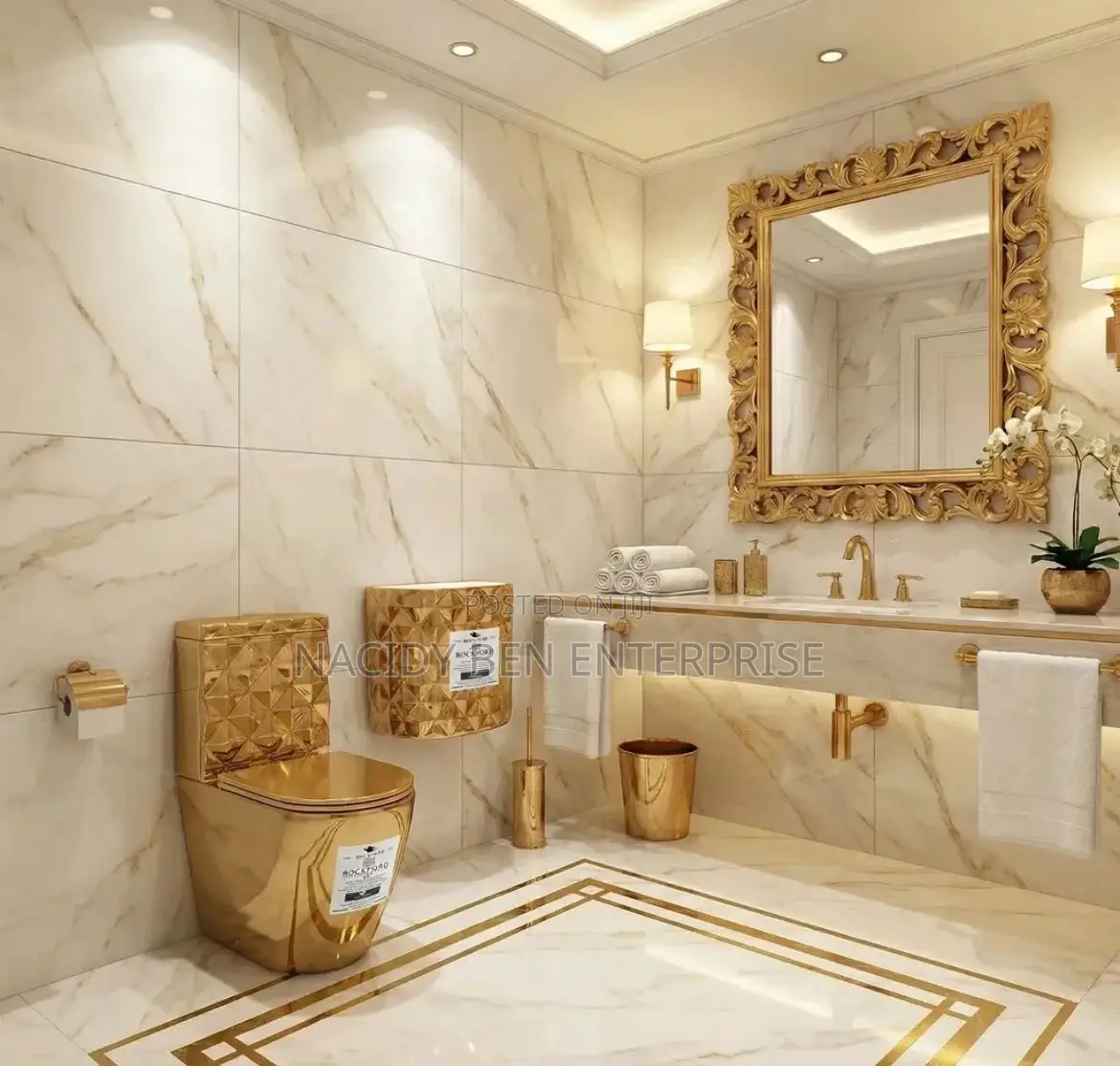 Gold Set of Wc With a Crystal Design Wall-Hung