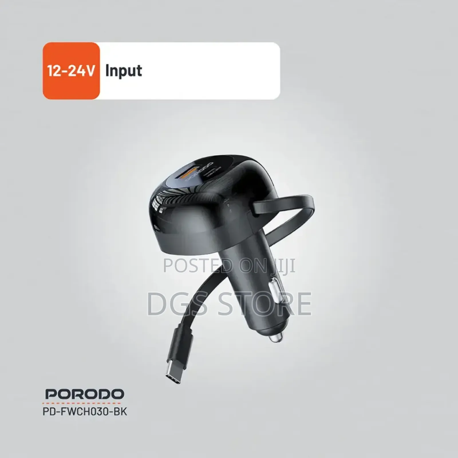Porodo Fwc030 Dual Port Car Charger 80cm Retractable Type C Cable