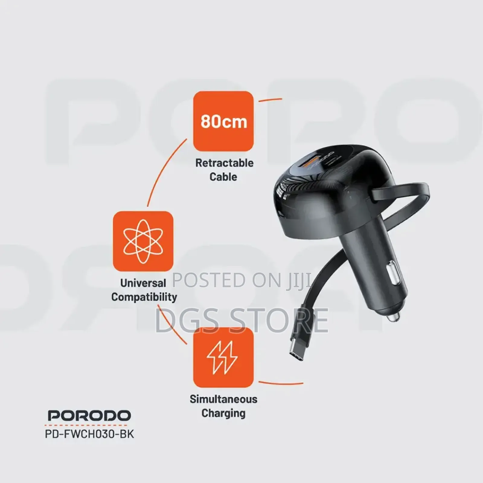 Porodo Fwc030 Dual Port Car Charger 80cm Retractable Type C Cable