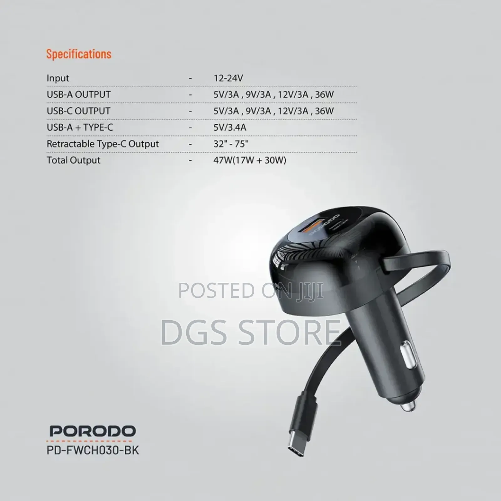Porodo Fwc030 Dual Port Car Charger 80cm Retractable Type C Cable