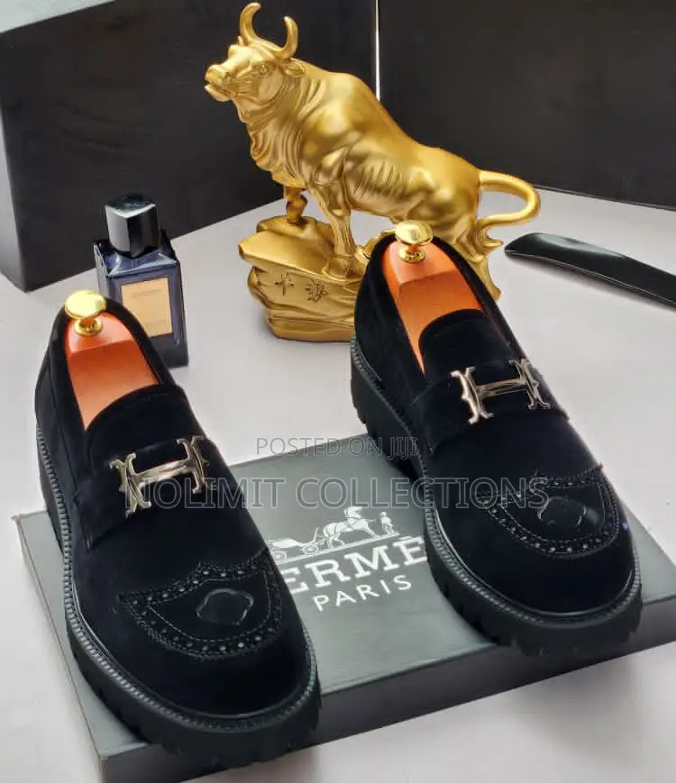 Hermes Suede Black Loafers Shoes