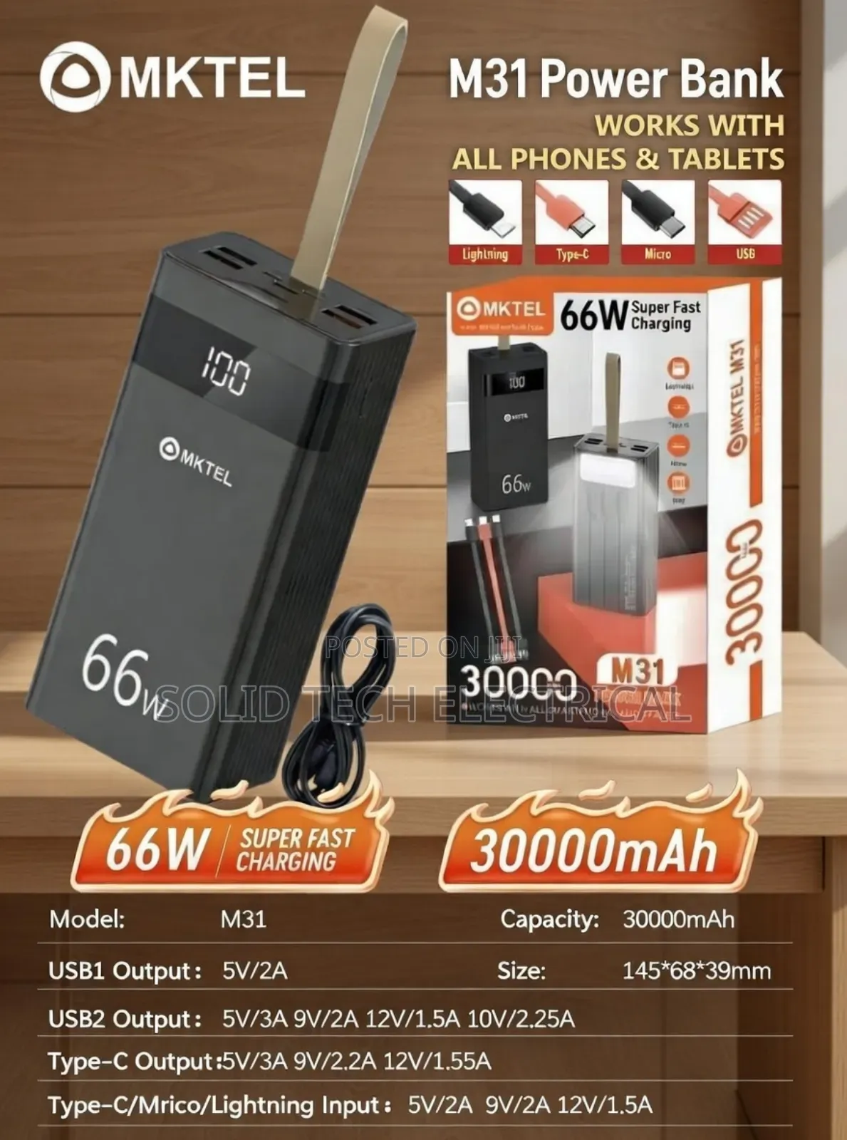 30,000 Mah Power Bank 66w Fast Charging With 5 Different Types of Cord