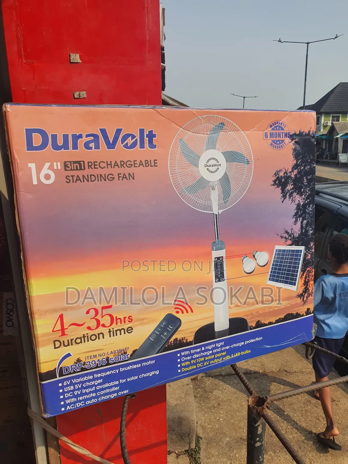 Duravolt 16" 3-in-1 Rechargeable Standing Fan (Model: DRF-3916).