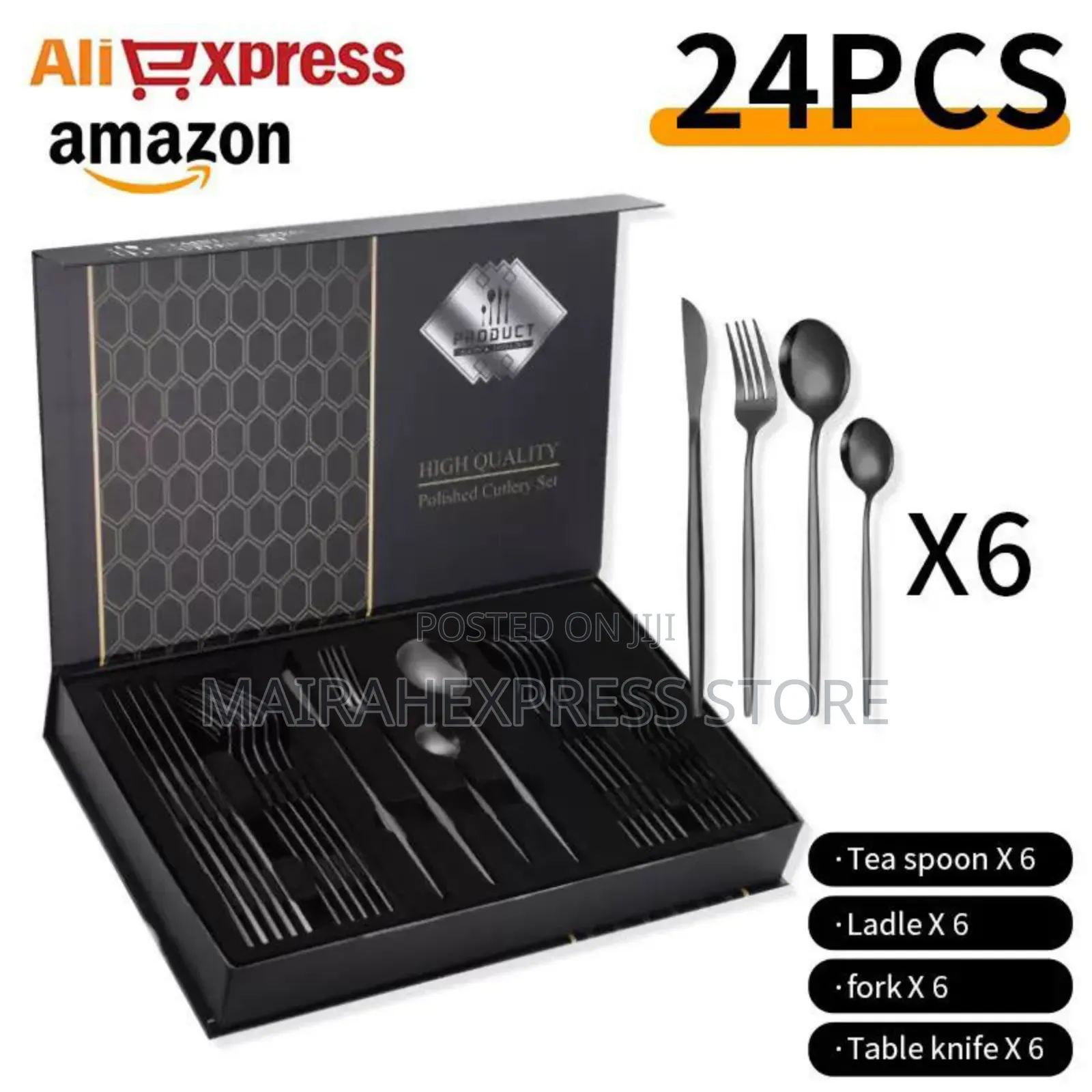 24pcs Polished Black Cutlery Set Y3mm7