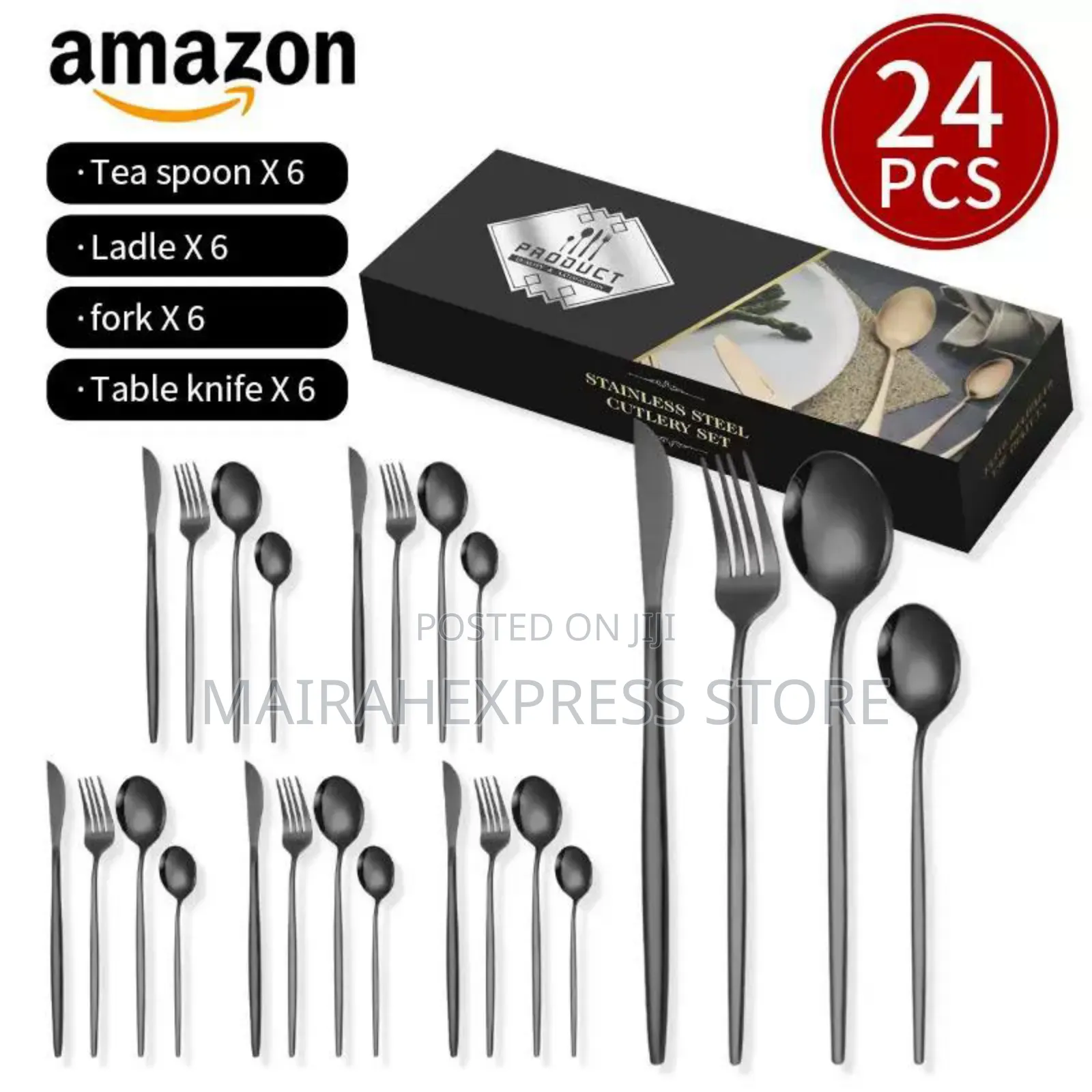 24pcs Polished Black Cutlery Set Y3mm7