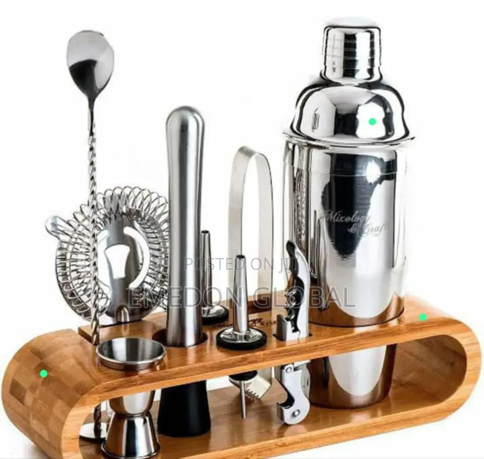 Stainless Steel Boston Shaker Bar Accessories Kit With Wooden Base
