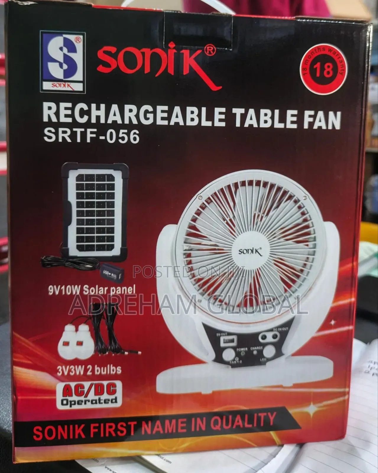 Sonik "6 Rechargeable Table Fan With 2 Bulb and Solar Panel 