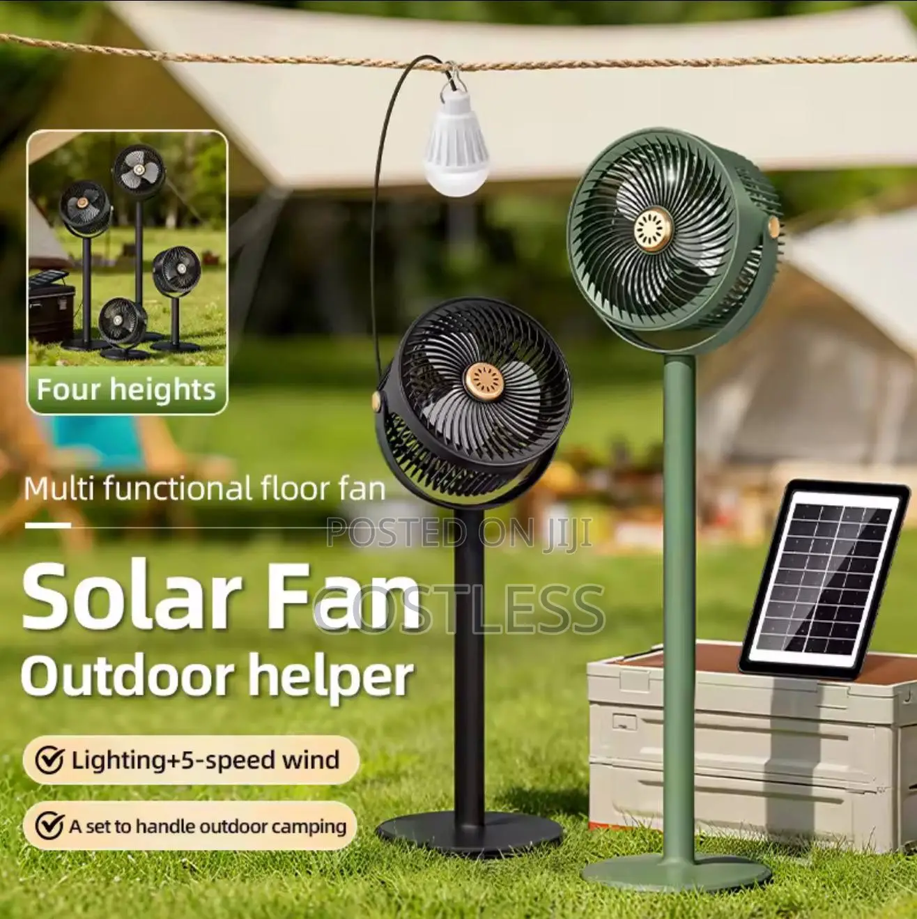 Solar-Powered Standing Fan Designed for Indoor and Outdoor.