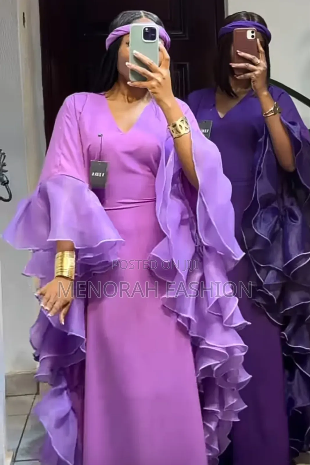 Luxury Lilac, Purple Silky Dress With Double Organza Ruffles