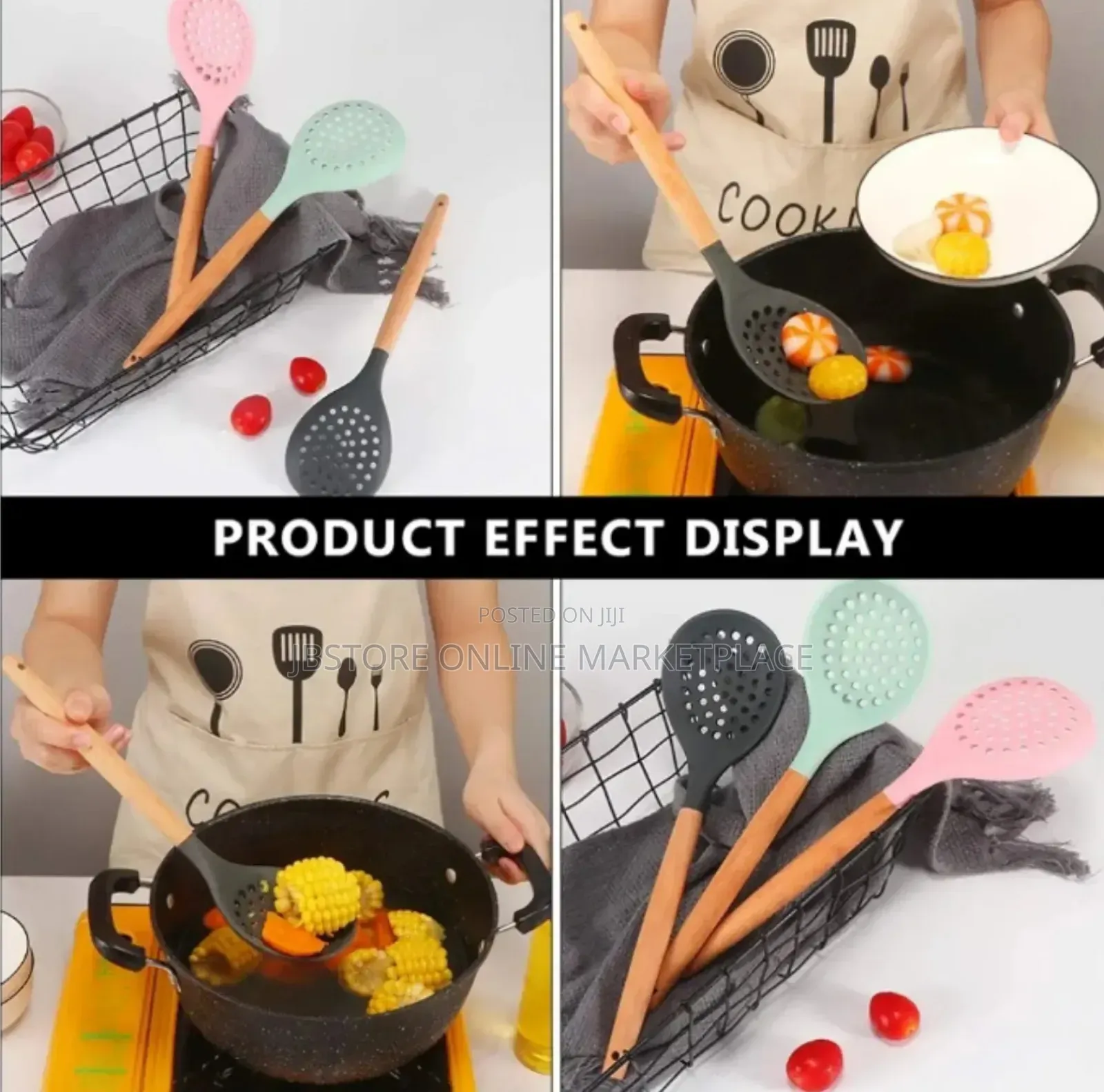 Silicone Skimmer Slotted Spoons With Wooden Handles