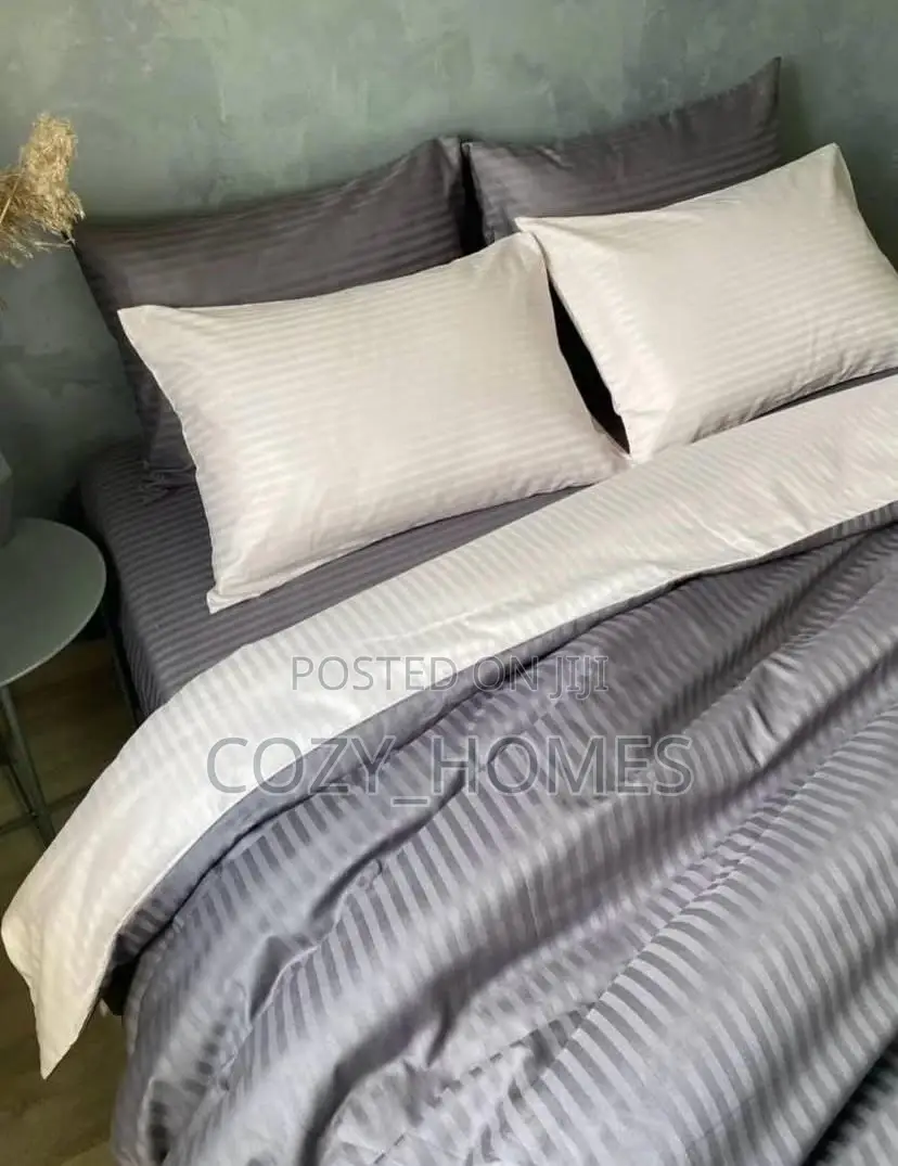Stripe Reversible Grey Cream Duvet, Bedsheets, Pillowcase Set(4x6)