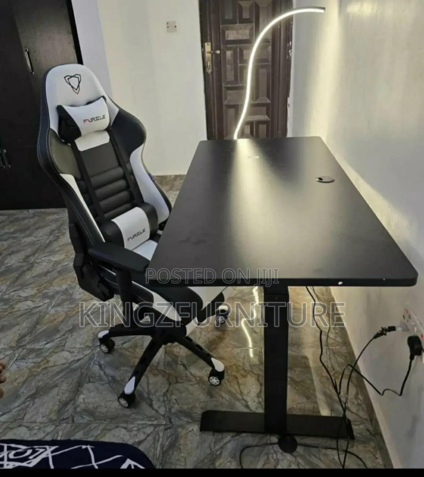 White and Black Furgle Chair With Black Adjustable Desk