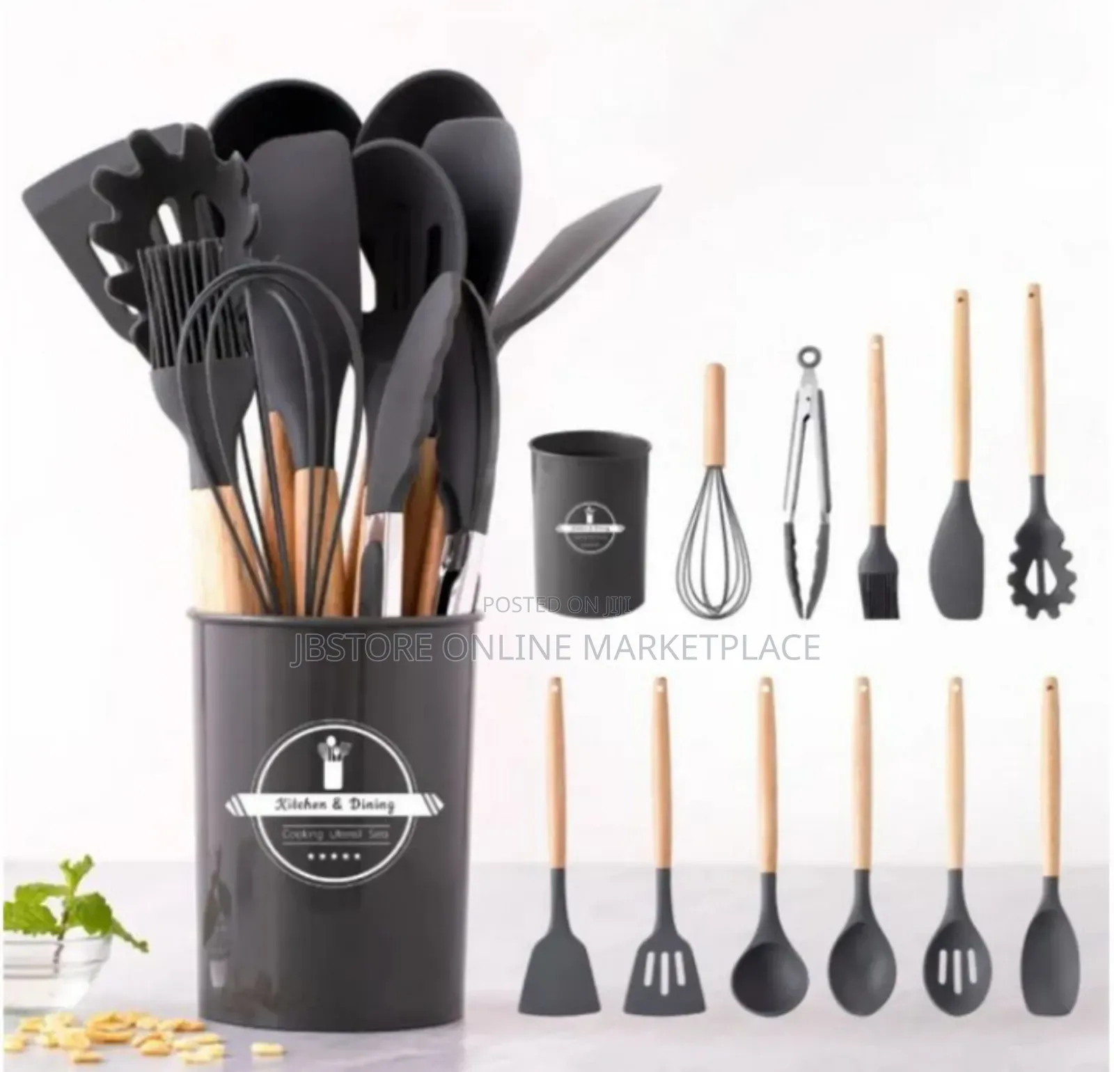 12pcs Non-Stick Silicone Cooking Utensil Set Featuring Wooden Handles