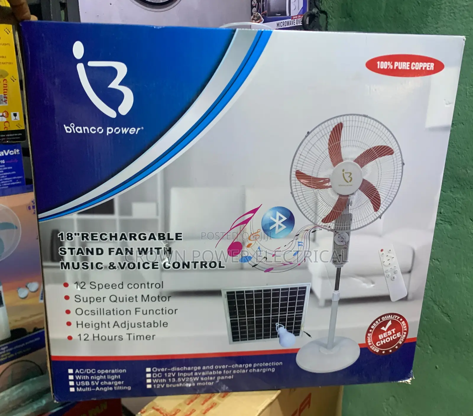 Bianco Power 18” Rechargeable Fan With Music and Voice Control