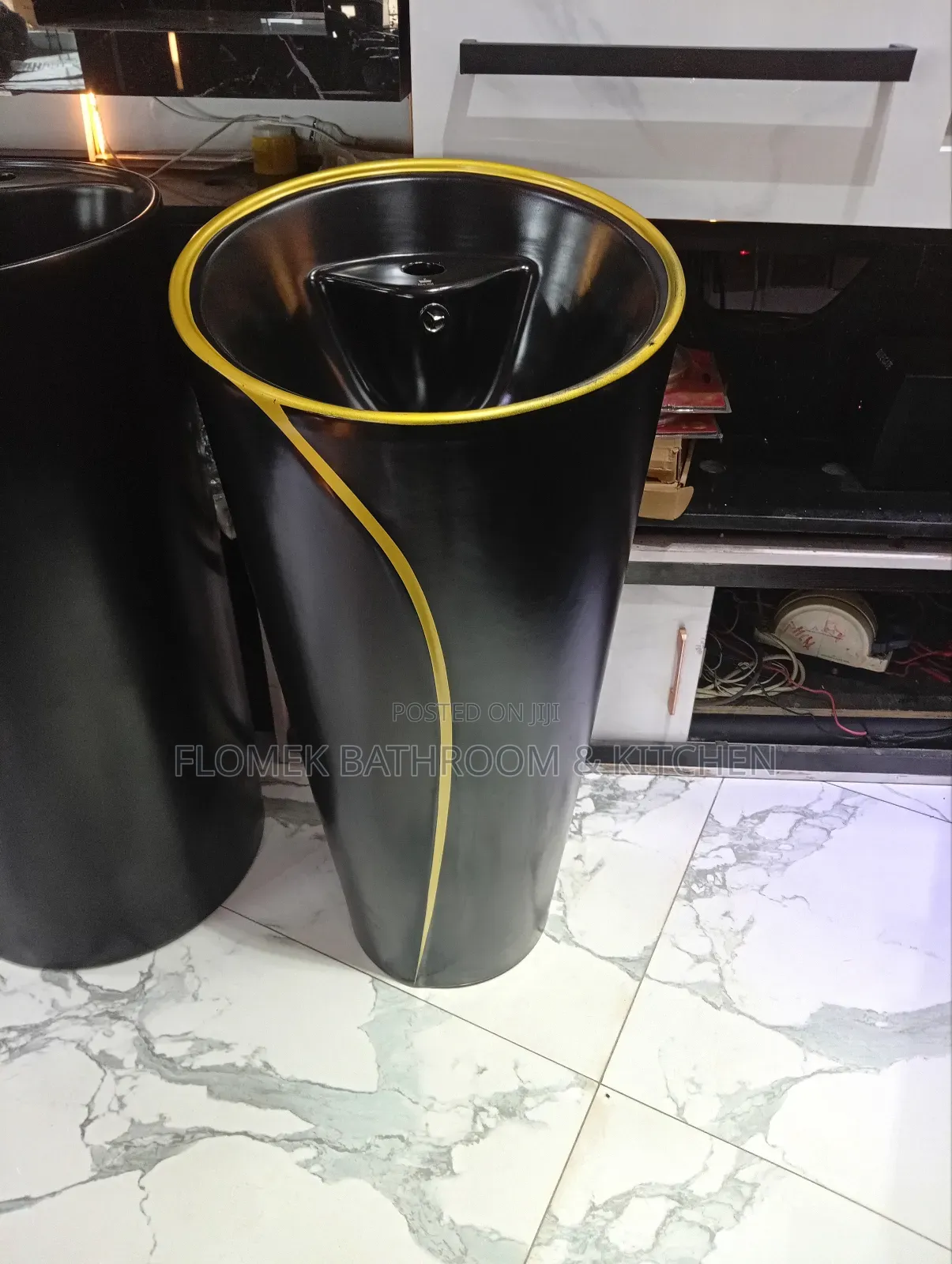 Modern Black Pedestal Basin With Gold Accent