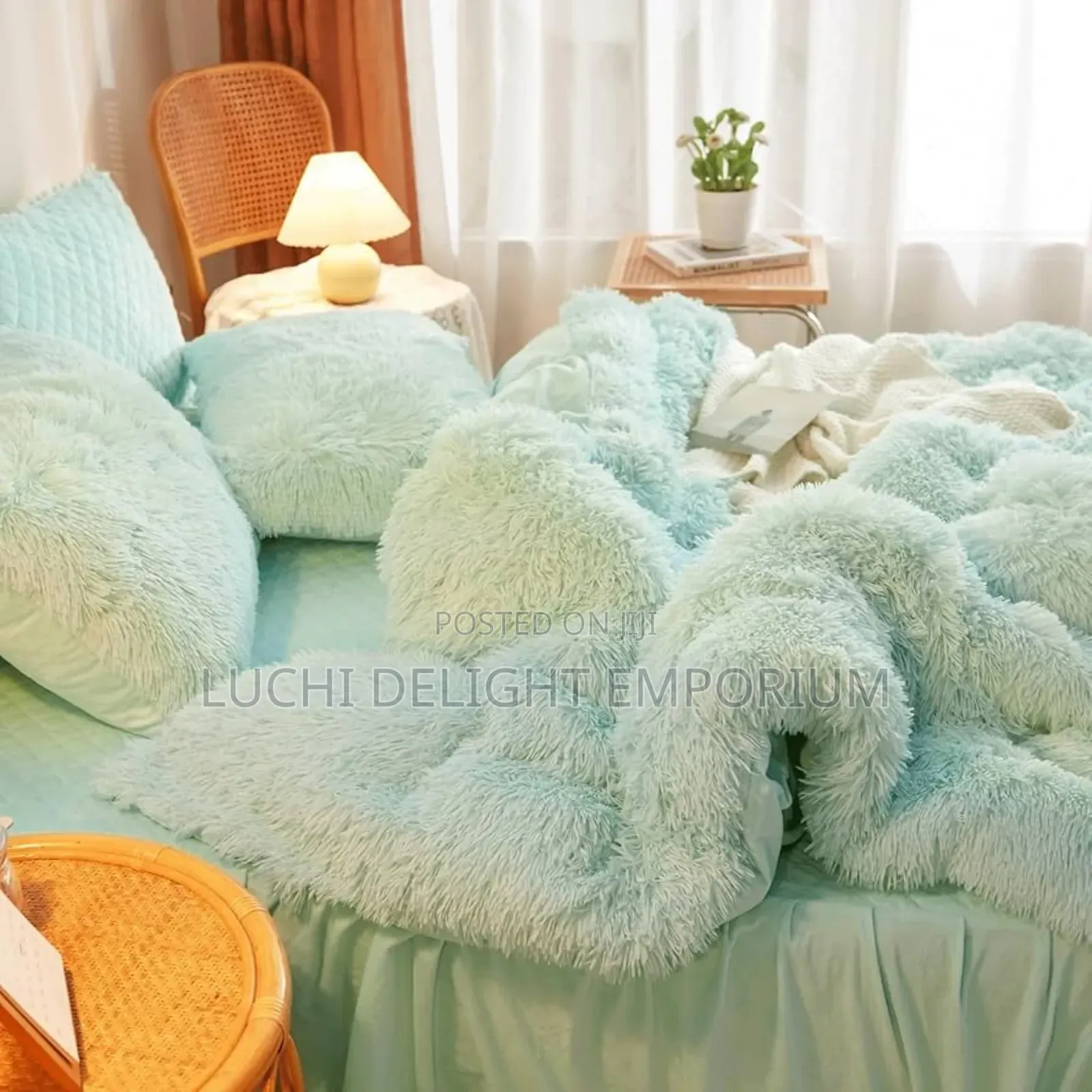 Mint Green Fluffy Comforter, Plush Shaggy Duvet Set-4/6, 6/6,6/7,7/7