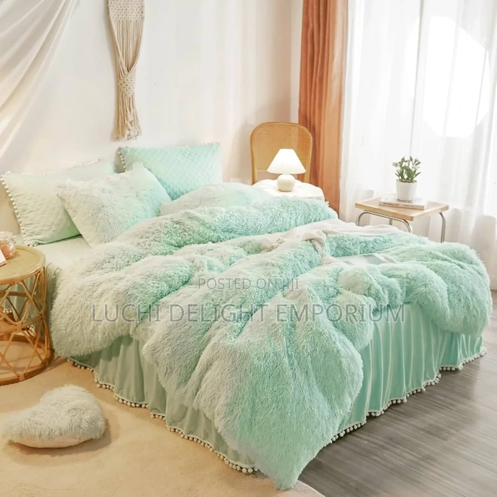 Mint Green Fluffy Comforter, Plush Shaggy Duvet Set-4/6, 6/6,6/7,7/7