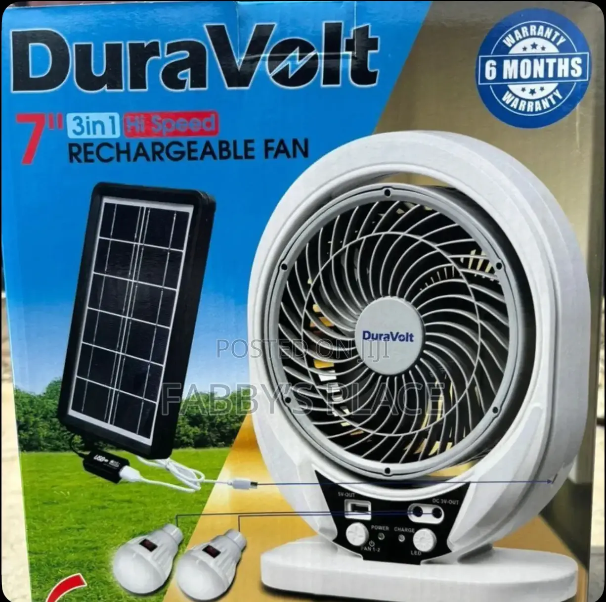 Duravolt 7” 3in1 Solar Rechargeable Fan With Solar Panel Bulbs