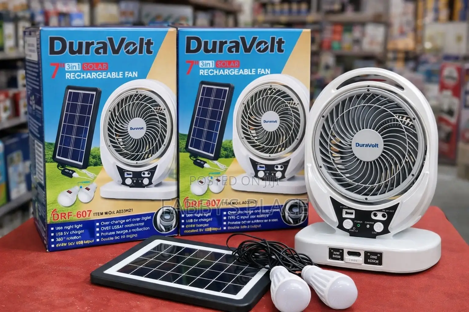 Duravolt 7” 3in1 Solar Rechargeable Fan With Solar Panel Bulbs