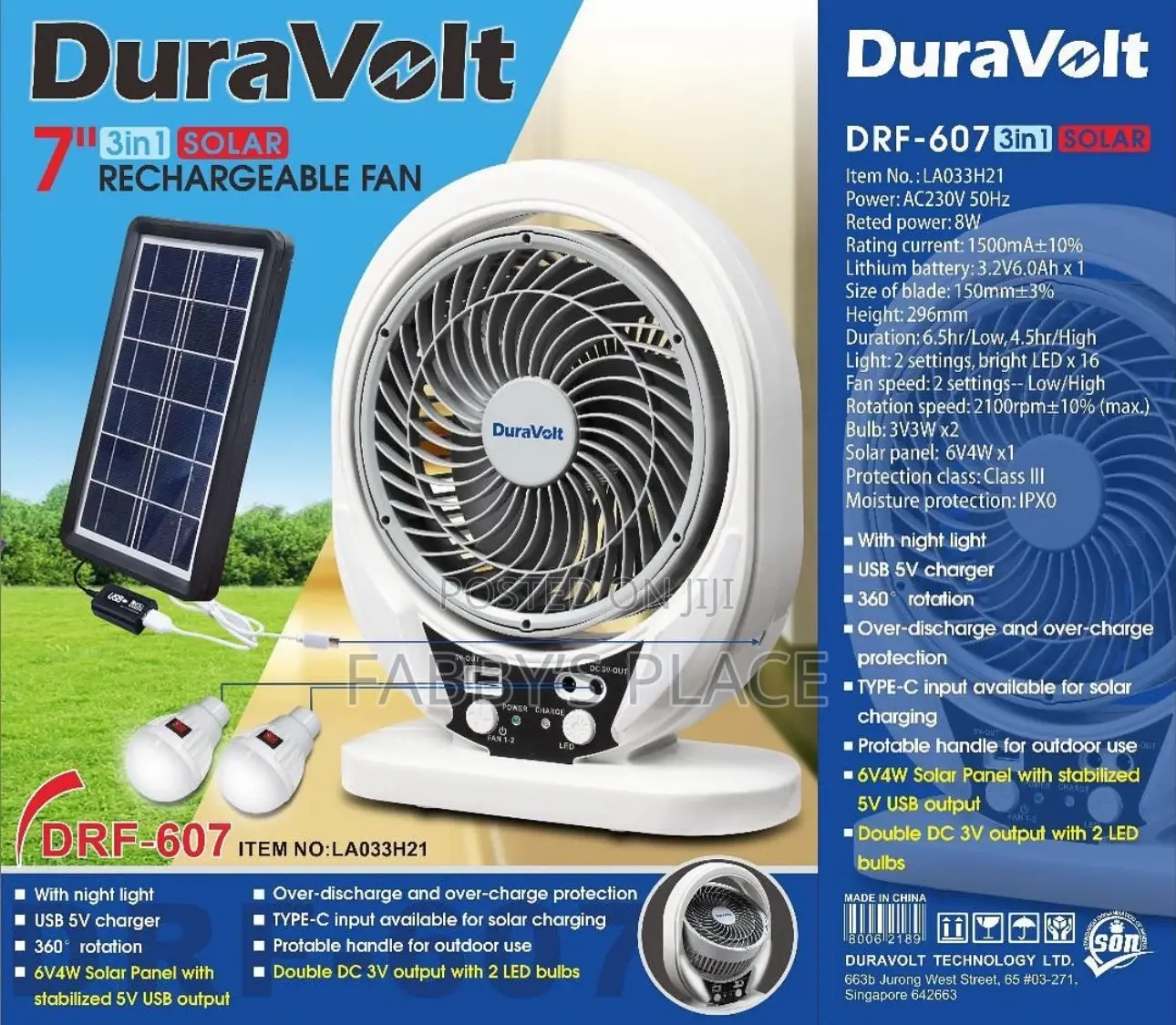Duravolt 7” 3in1 Solar Rechargeable Fan With Solar Panel Bulbs